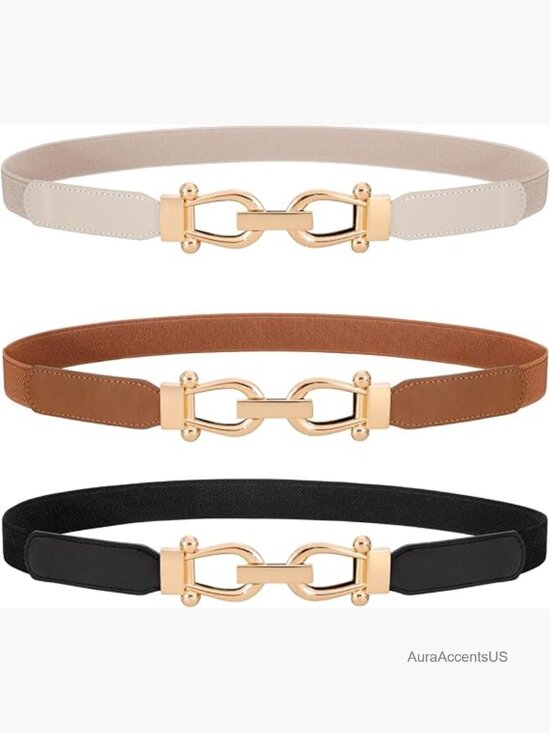 3 Pack Women Skinny Elastic Waist Belt Gold Buckle Stretchy Belt for Jeans Dress